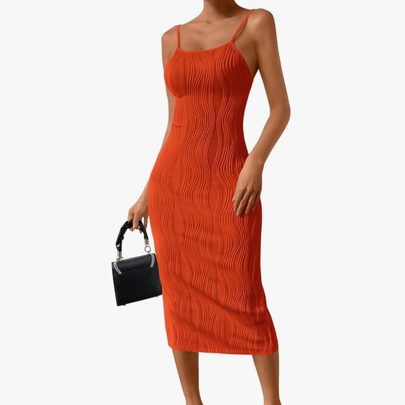 orange Spaghetti Strap Sleeveless textured Party Tight Fitted Dresses - Picture 5 of 7
